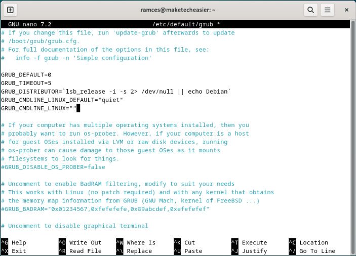 A terminal showing the default GRUB configuration file.