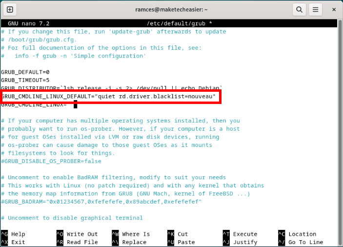 A terminal highlighting the GRUB configuration option with a blacklist for the open source Nvidia driver.