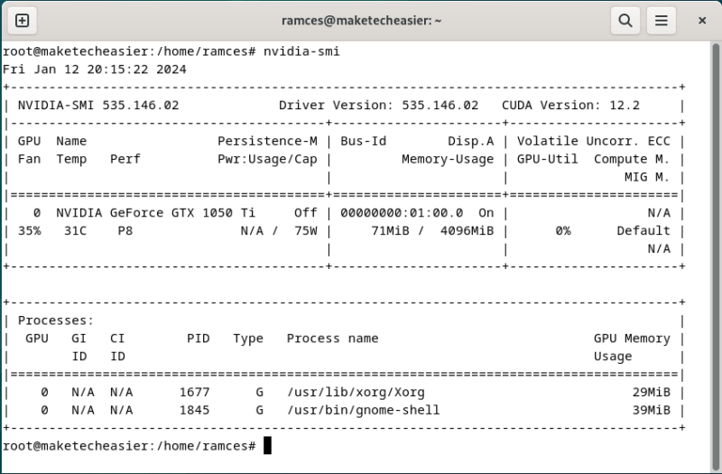 A terminal showing the output for nvidia-smi for a newer graphics driver.