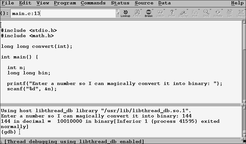 DDD running a rudimentary program and exiting.