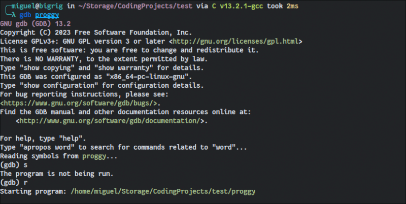 Demonstration of GDB running a test program