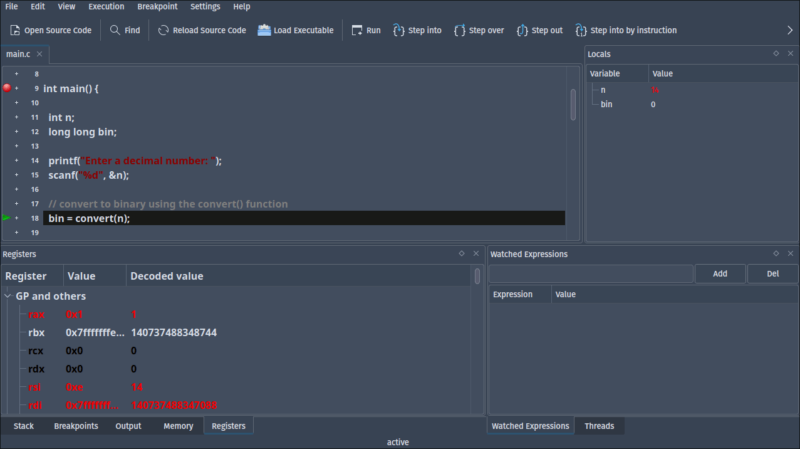 KDbg debugging a running program written in C.