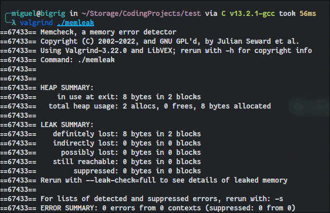Valgrind detecting a memory leak in a program.