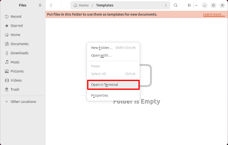 A screenshot showing the Open in Terminal prompt inside the Templates folder.