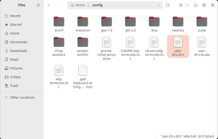A screenshot showing the user-dirs file inside the .config directory.