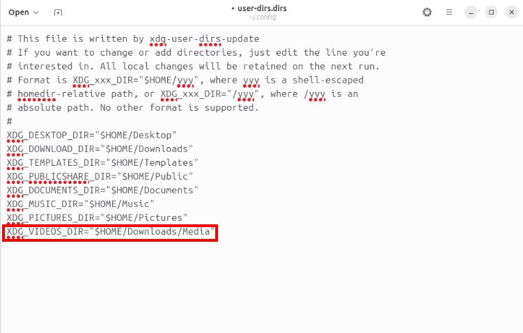 A screenshot showing an edited user-dirs file.