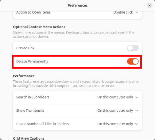 A screenshot showing the Delete Permanently toggle in Nautilus.