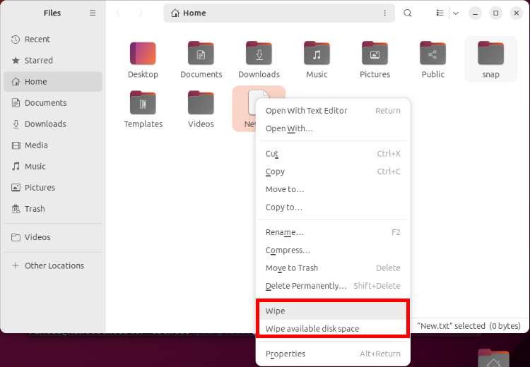 A screenshot showing the Wipe options in the Nautilus context menu.