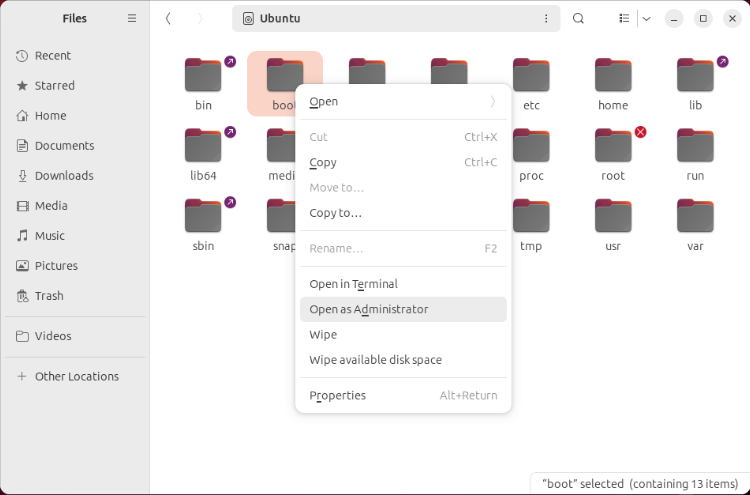 A screenshot showing the Open as Administrator option in the Nautilus context menu.