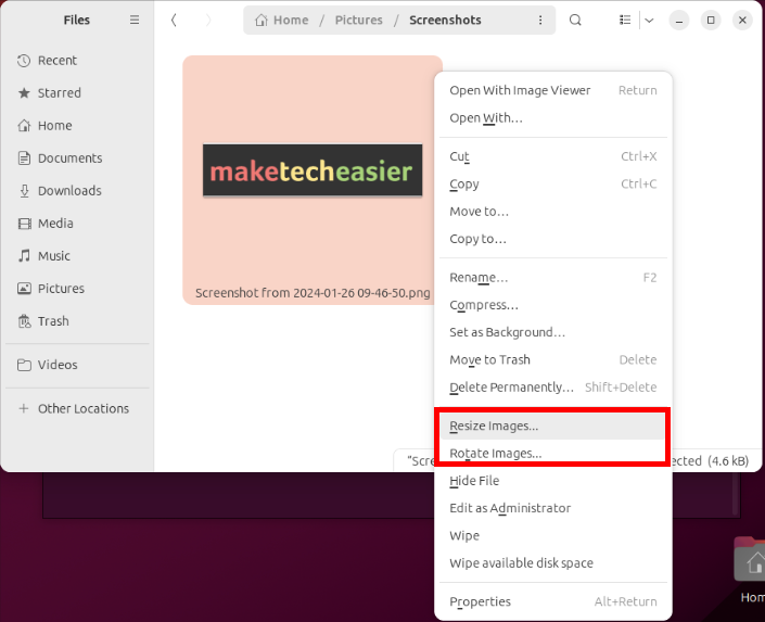 A screenshot showing the image editing options for Nautilus.
