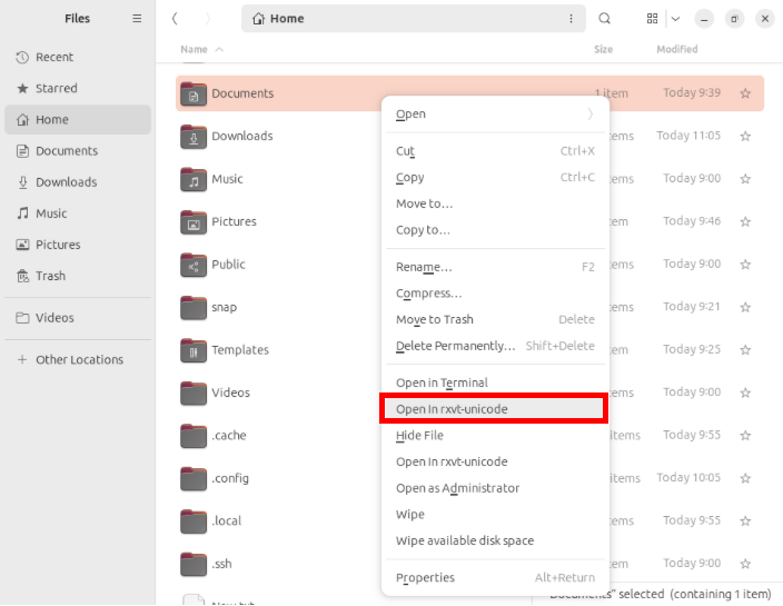 A screenshot showing the new terminal option in Nautilus.