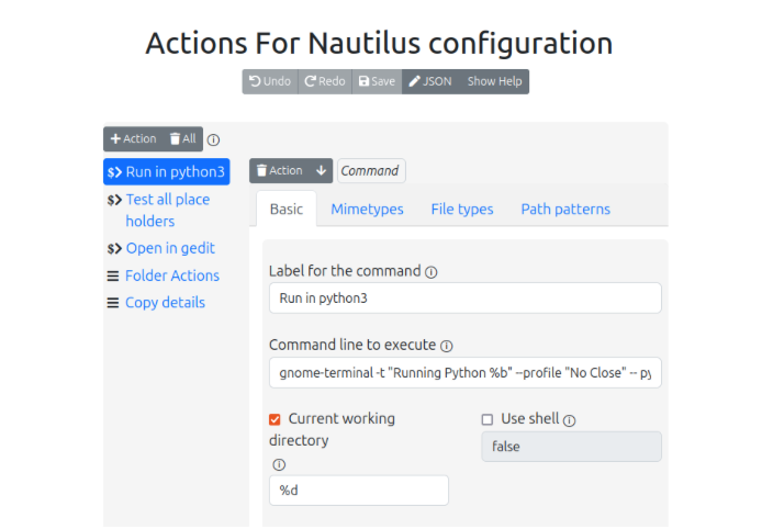 A screenshot showing the Actions for Nautilus config page.