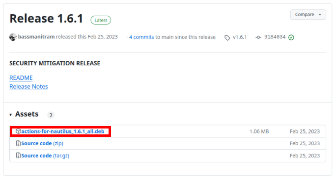 A screenshot showing the latest release for Actions for Nautilus..