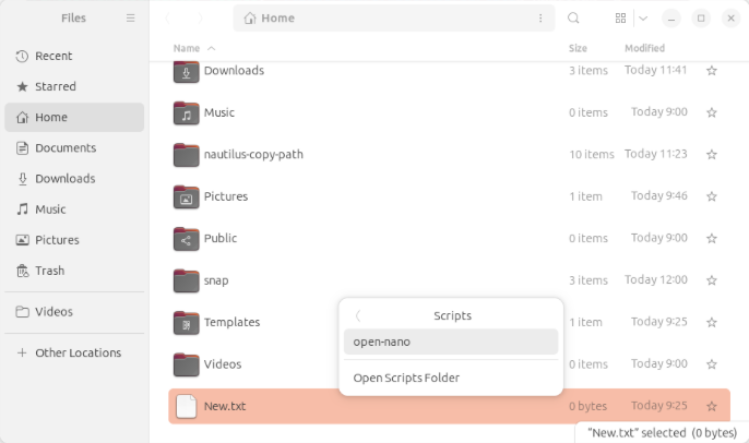 A screenshot showing the new Scripts menu for Nautilus.