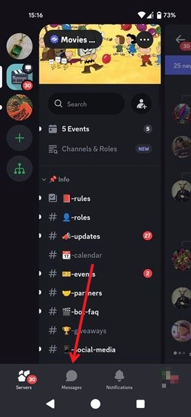 Tapping on Messages in the bottom menu in Discord app for Android.