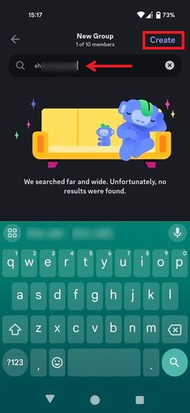 Pressing "Create" button to create a group with yourself in Discord for Android.