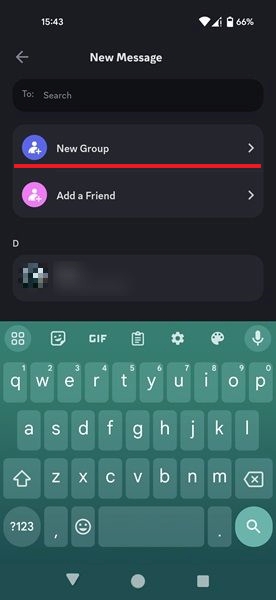 Selecting New Group option in Discord app for Android.