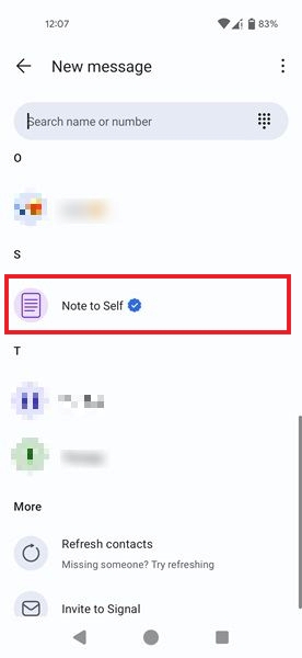 Tapping on the "Note to Self" option in Signal app for Android. 