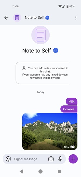 Sending notes to self in Signal app for Android.