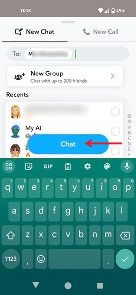 Tapping on the "Chat" button to start a new chat.