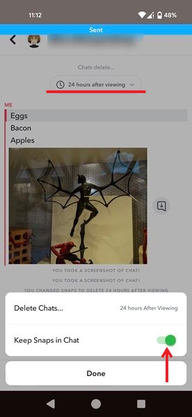 Enabling "Keep Snaps in Chat" option in Snapchat app for Android.