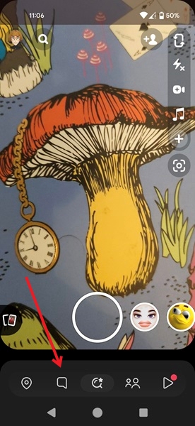 Tapping on message icon to access chats in Snapchat for Android.