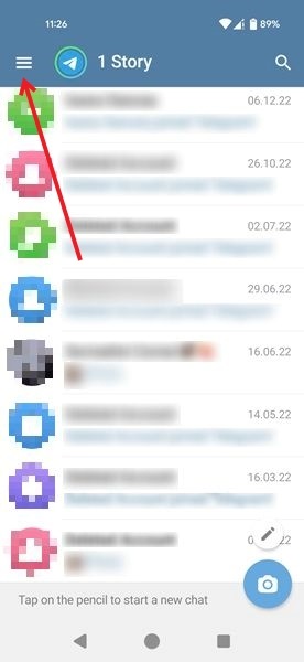Tapping on hamburger menu in Telegram for Android.