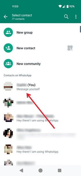 Selecting to message yourself in WhatsApp for Android.