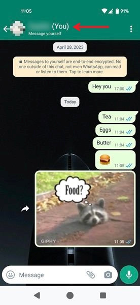 Typing messages to yourself in WhatsApp for Android.