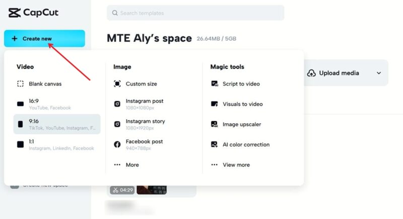 Clicking the "Create new" button in CapCut web version.