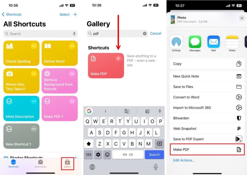 Screenshots Showing How To Convert Image To Pdf Using Ios Shrotcut