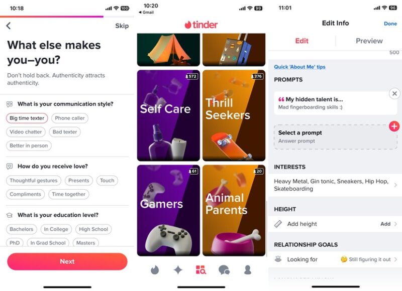 Tinder app interface overview on iOS.