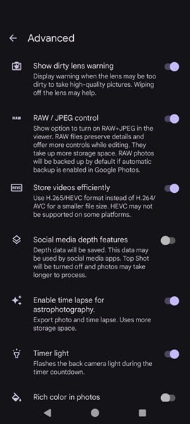 RAW settings visible in Google Camera. 