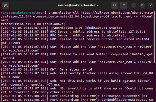 A terminal showing Transmission CLI running with a custom download directory.
