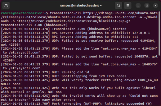 A terminal showing Transmission CLI downloading a torrent file with a custom blocklist.