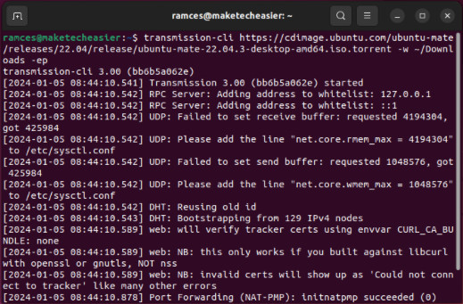 A terminal showing Transmission CLI downloading a torrent with the -ep flag on.