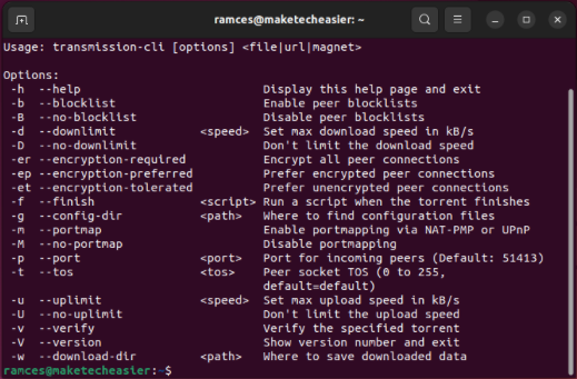 A terminal showing the help screen for Transmission CLI.