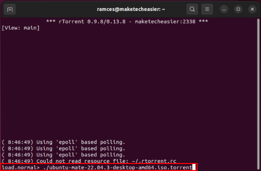 A terminal highlighting the file prompt for rTorrent.