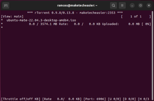 A terminal showing rTorrent actively downloading the Ubuntu MATE LTS torrent.