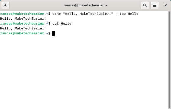 A terminal showing a basic UNIX pipe redirection in a local machine.