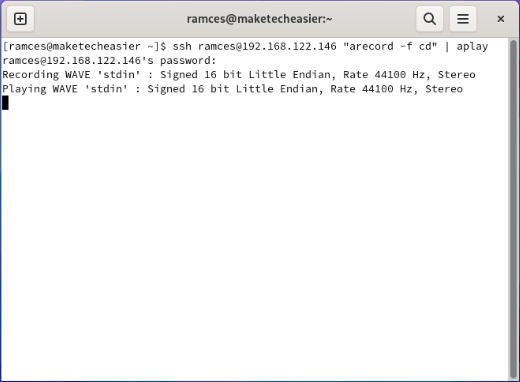 A terminal showing an active audio stream using SSH pipes.