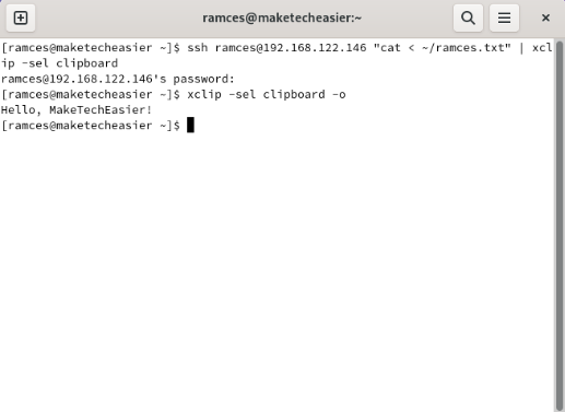 A terminal showing the clipboard of the local machine after an SSH pipe.