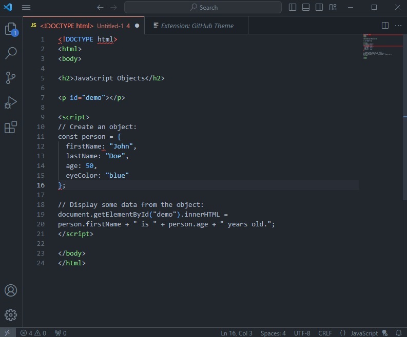 Using GitHub Visual Studio Code Themes in dark.