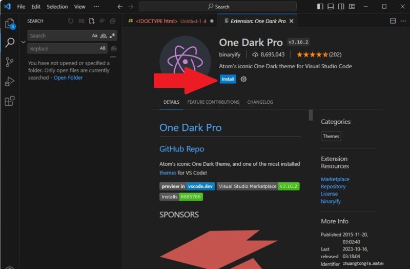 Installing a new theme in Visual Studio Code.