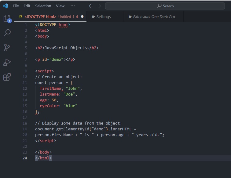One Dark Pro theme installed with Javascript sample code