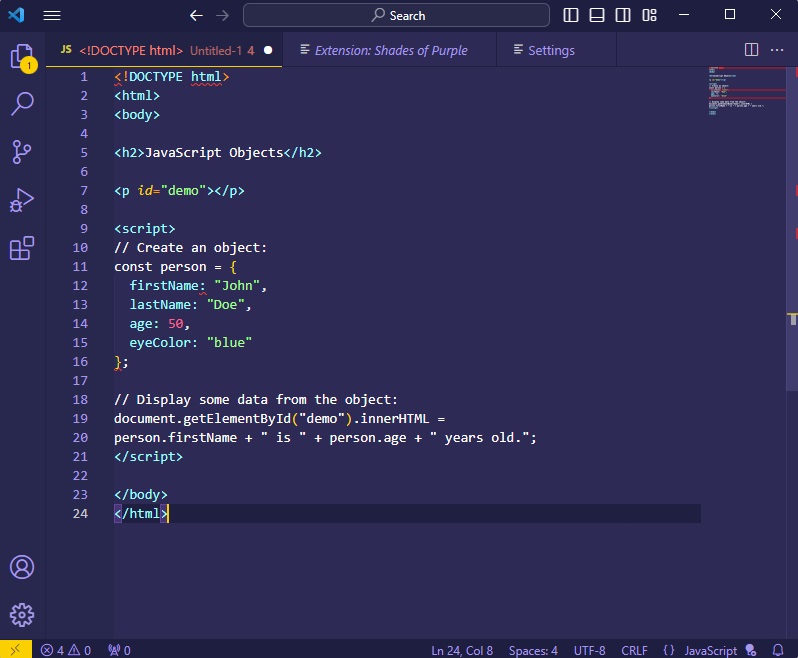 Visual Studio Code with Shades of Purple theme installed.