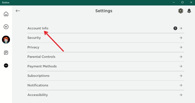 Selecting "Account info" option in Roblox desktop app.