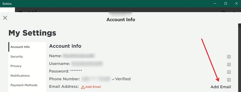 Clicking on "Add email" option in Roblox app for desktop. 