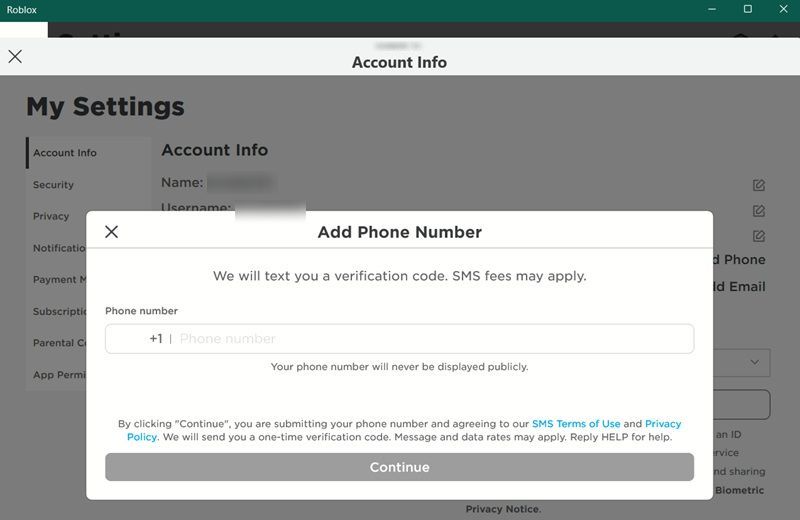 Submitting phone number for verification in Roblox app for desktop.