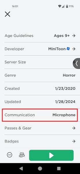 Checking "Communication" field for Roblox game.